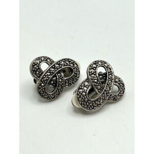 Vintage Silver Tone Marcasite Gemstone Knot Stud Clip On Earrings